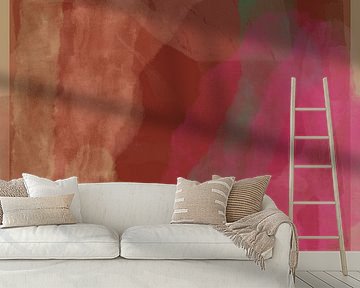 Abstrakte Formen in Neonrosa, Schokoladenbraun, Grün und Beige. von Dina Dankers