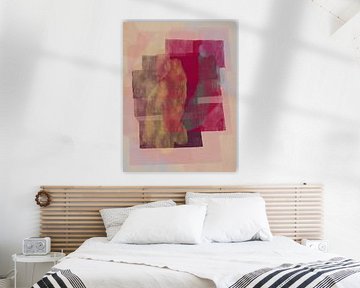 Bordeauxrode, aubergine, gele en roze abstracte vormen. van Dina Dankers