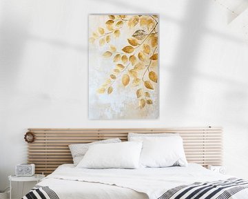 Golden leaves on neutral background