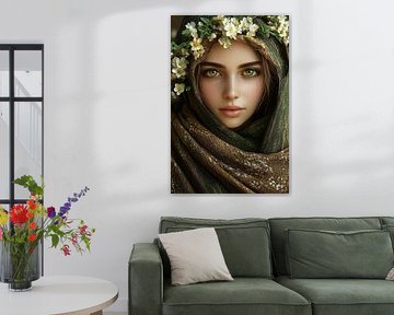 Femme avec une guirlande de fleurs et des yeux verts