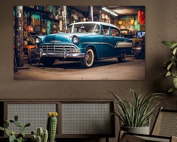 Oude blauwe retro auto geparkeerd in de werkplaats van de monteur van Animaflora PicsStock