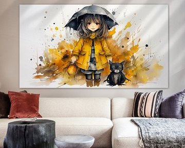20h aquarelle de sorcière peinte petite fille dans un imperméable jaune, design d'art aquarelle