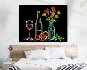 Een kleurrijk stilleven met bloemen en een fles wijn van The Photo Artist