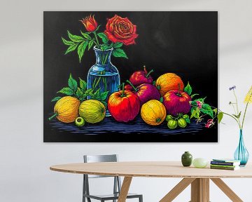 Een leuk gekleurd stilleven met een rode roos en fruit van The Photo Artist