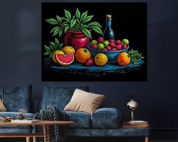 Een mooi gekleurd stilleven met bloemen en wat fruit van The Photo Artist