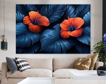 Rode Hibiscusbloemen met Blauwe Bladeren van Art & Soul Creations