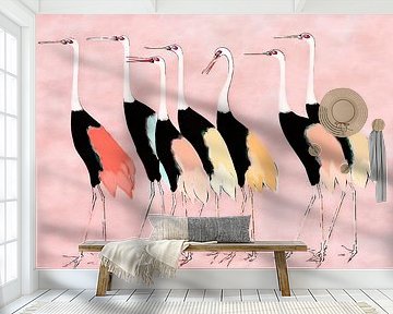 Japanse kraanvogels in warme pastelkleuren