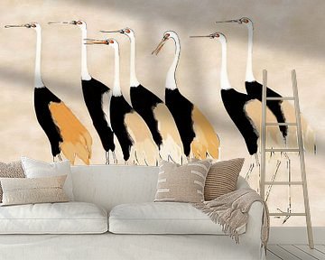 Japanse kraanvogels in neutrale pastelkleuren van Mad Dog Art