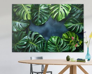 Monstera Bladeren op Blauwe Achtergrond van Art & Soul Creations