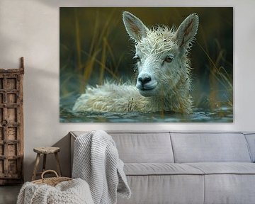 Sheep float peacefully in lake