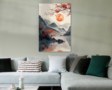 Roter Mond über Berglandschaft mit See von Art & Soul Creations