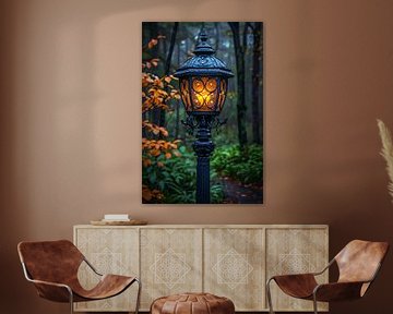 Lamp post in a misty forest by Art & Soul Creations