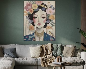 Retrolook portret van een vrouw met vogeltje van Studio Pieternel