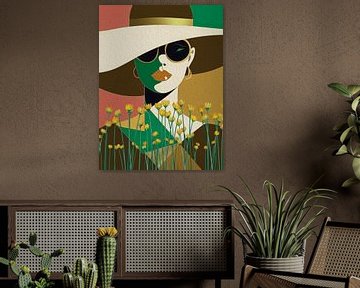 Collage of a portrait of a woman wearing a big hat and sunglasses. Colourful Retro - 15