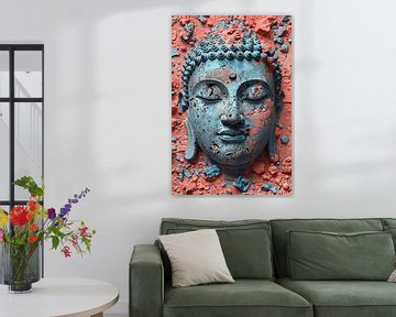 Turquoise Buddha with Orange Red Background by Art & Soul Creations