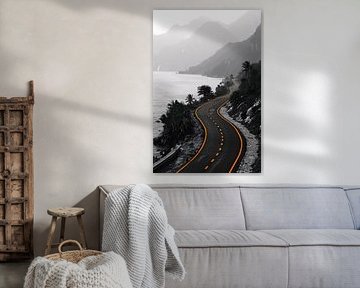 Monochrome road through mountain scenery