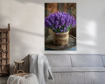 Still Life of Lavender Bouquet in Wooden Vase by Art & Soul Creations