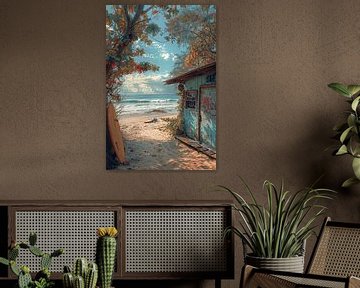 Kleurrijk strandhuisje met surfplanken