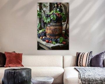 Stilleven met druiven, aardbeien en houten vat van Art & Soul Creations