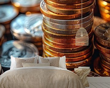 Stapeln Sie Münzen und Bitcoin in warmem Licht