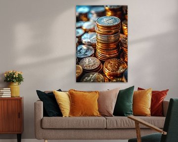 Stapel Munten en Bitcoin in Warm Licht van Art & Soul Creations