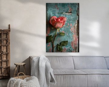 Een Roze Roos Tegen Verweerd Hout van Art & Soul Creations