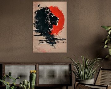 Silhouet van een trotse leeuw bij zonsondergang