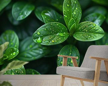 Nahaufnahme von grünen Blättern mit Tautropfen