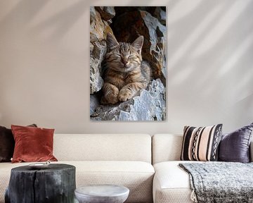 Jonge kat slaapt vredig tussen rotsen van Art & Soul Creations