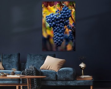 Blauwe druiven aan wijnrank in herfstlicht van Art & Soul Creations