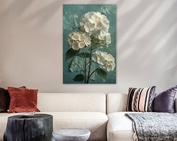 Witte Hortensia Bloemen in Turquoise Vaas van Art & Soul Creations