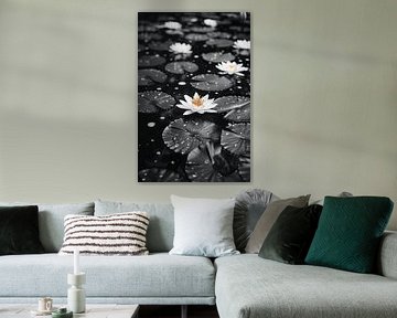 Schwarz-Weiß-Foto von Seerosen auf Wasser von Art & Soul Creations
