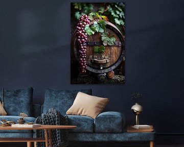 Raisins en treillis et tonneaux en bois dans le vignoble sur Art & Soul Creations