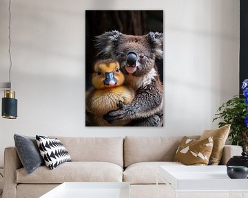 Koala en eend knuffelen in de natuur van Art & Soul Creations