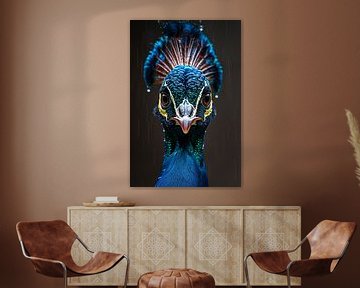 Close-up portrait of a peacock in the rain by Art & Soul Creations