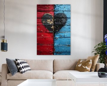 Gebroken Hart Graffiti op Rood Blauwe Houten Muur van Art & Soul Creations