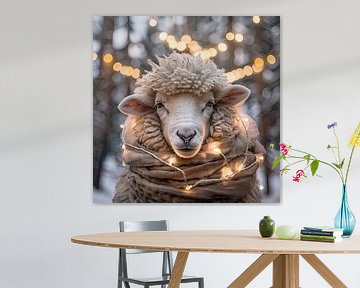 Winters portret van een schaap met lampjes van Vlindertuin-Art