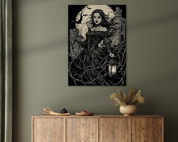 Femme gothique avec lanterne - château sombre