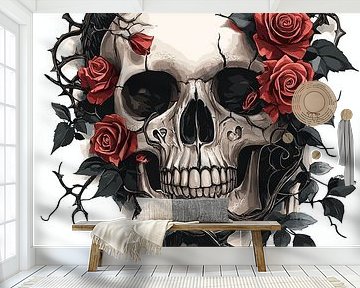 Schedel met rode rozen en doornen - Gotisch van Pixelbull Design
