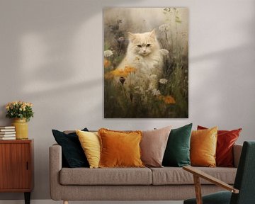 White Cat in Sea of Flowers