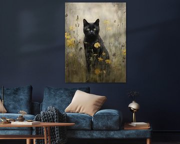 Zwarte Kater tussen Gele Bloemen