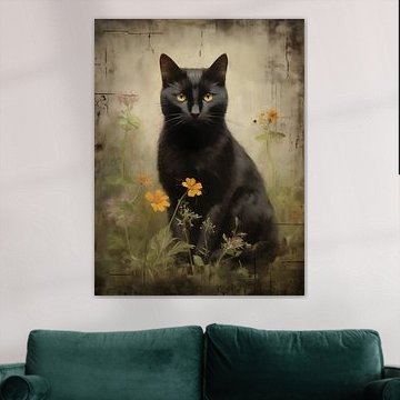 Schwarze Katze mit orangefarbenen Blumen von Emil Husstege