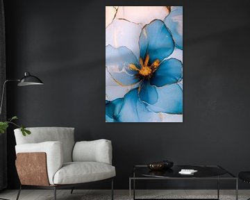 Blauwe abstracte bloem met goud van Imperial Art House