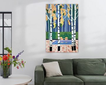 Zwembad, stoelen en berken op terras van Anna Marie de Klerk
