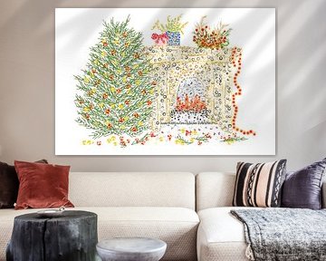 Weihnachtsszene mit Kamin, Geschenken und Baum von Studio Spanjersberg