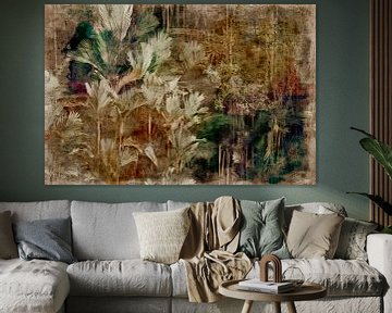 Abstracte retro plantkunde. Regenwoud, grassen, bloemen en bladeren in groen, beige, grijs, wit van Mad Dog Art