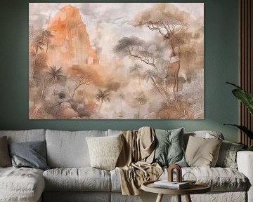 Abstracte jungle retro plantkunde. Regenwoud, grassen, bloemen en bladeren in blauw, grijs, beige, taupe van Mad Dog Art