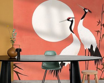 Japandi, Cranes at full moon by Caroline Guerain