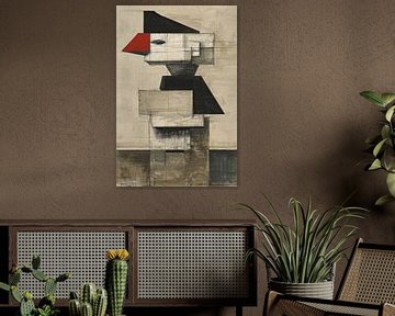 Kubistische Vogel in Zwart-Wit en Rood van Imperial Art House