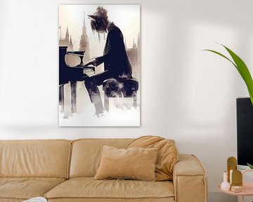 Vrouw aan Piano met Stedelijke Achtergrond van Imperial Art House